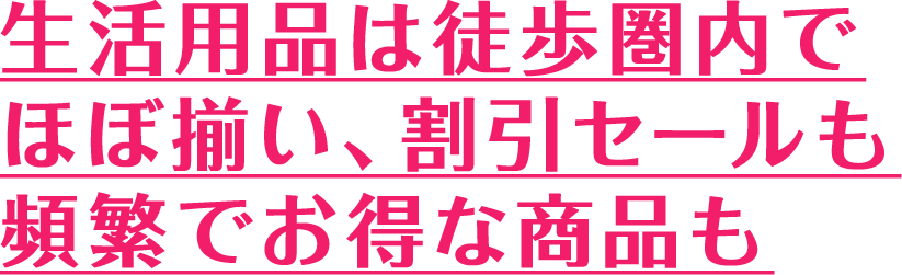 生活用品は徒歩圏内でほぼ揃い、割引セールも頻繁でお得な商品も